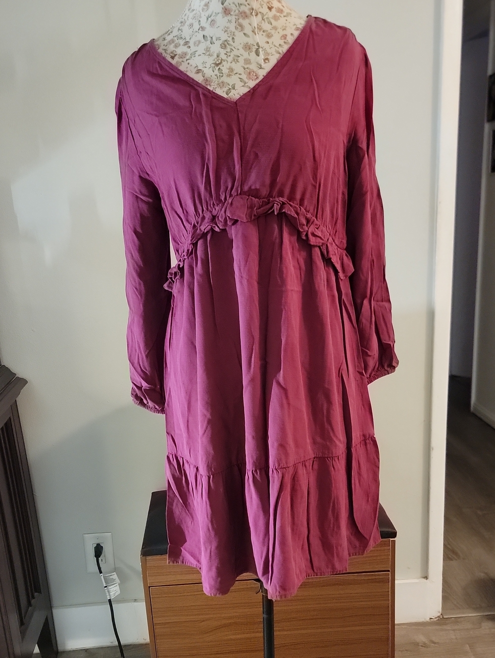 Ingrid & Isabel Long Sleeve V-Neck Ruffle Empire Dress - Berry Plum